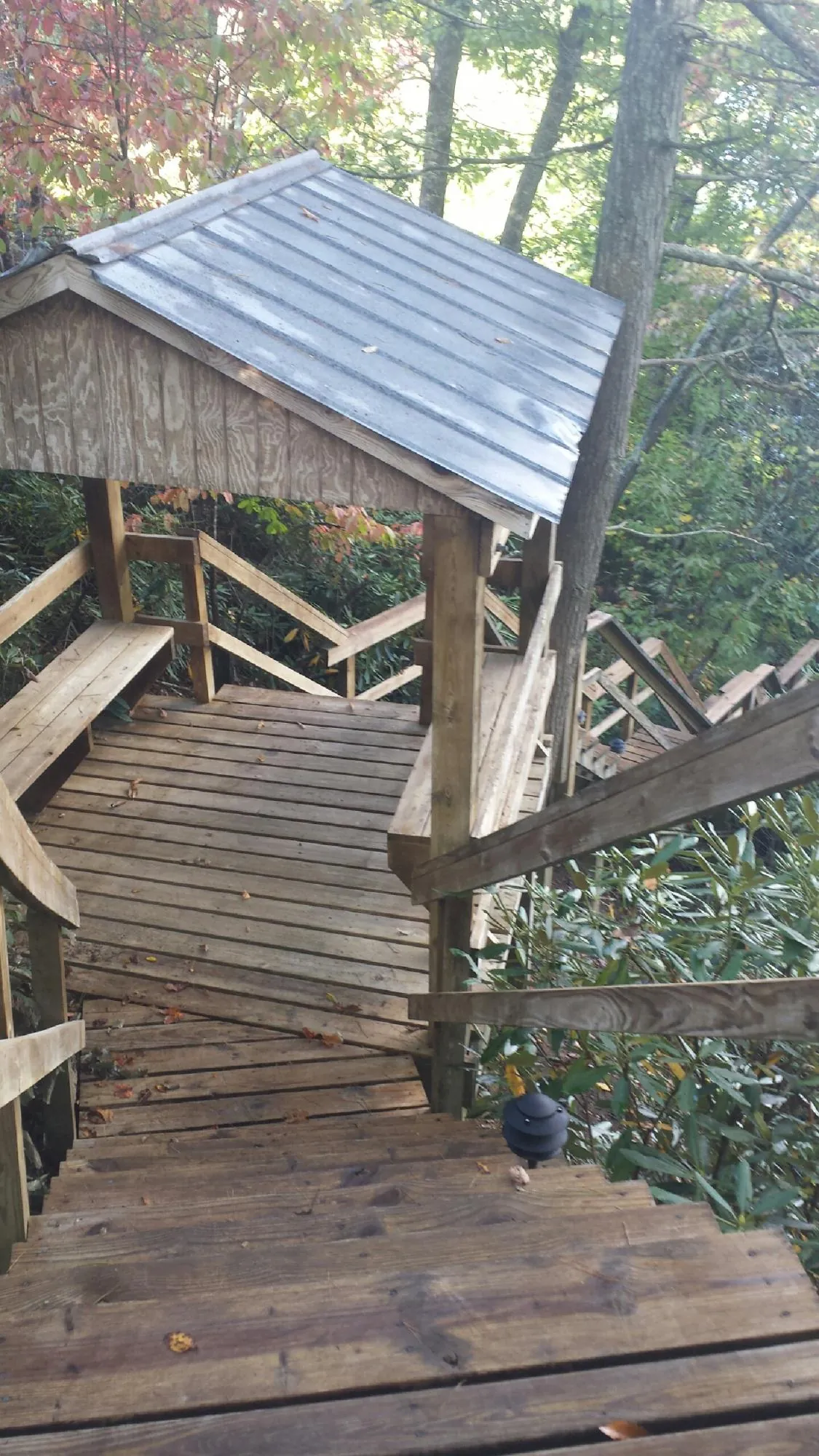 Metal roofed shelter over wooden steps on a wooded walkway — Skylight Repair & Installation work by our crew in Scio